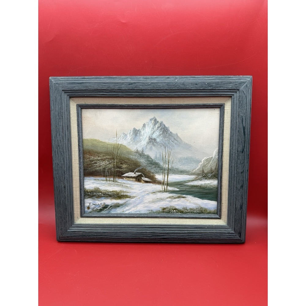 Vintage Winter Landscape Oil Painting Signed J. Miller Framed 11.5"x 13.5"